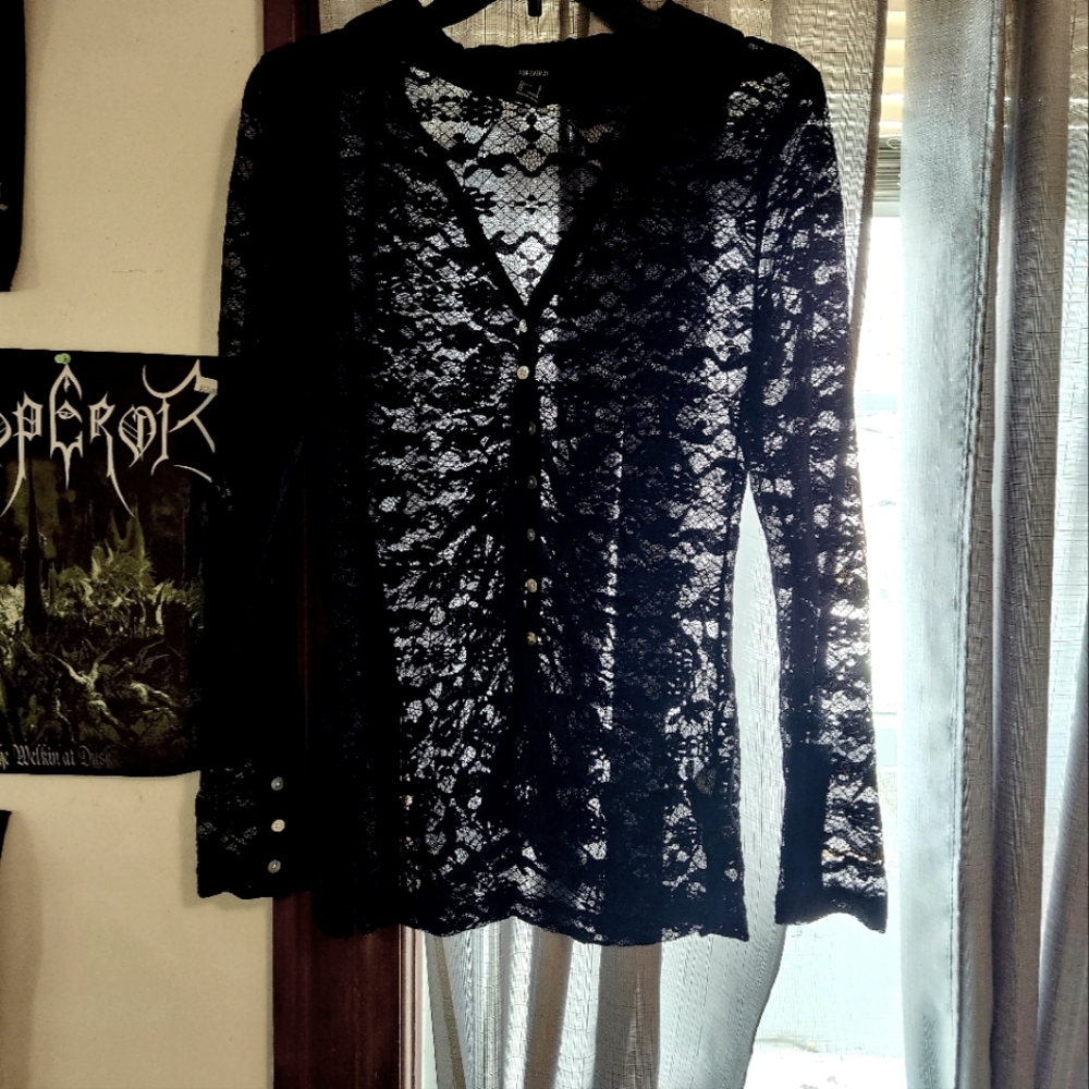 Forever 21 button down Sheer Lace Blouse/Top, Large, BLK.